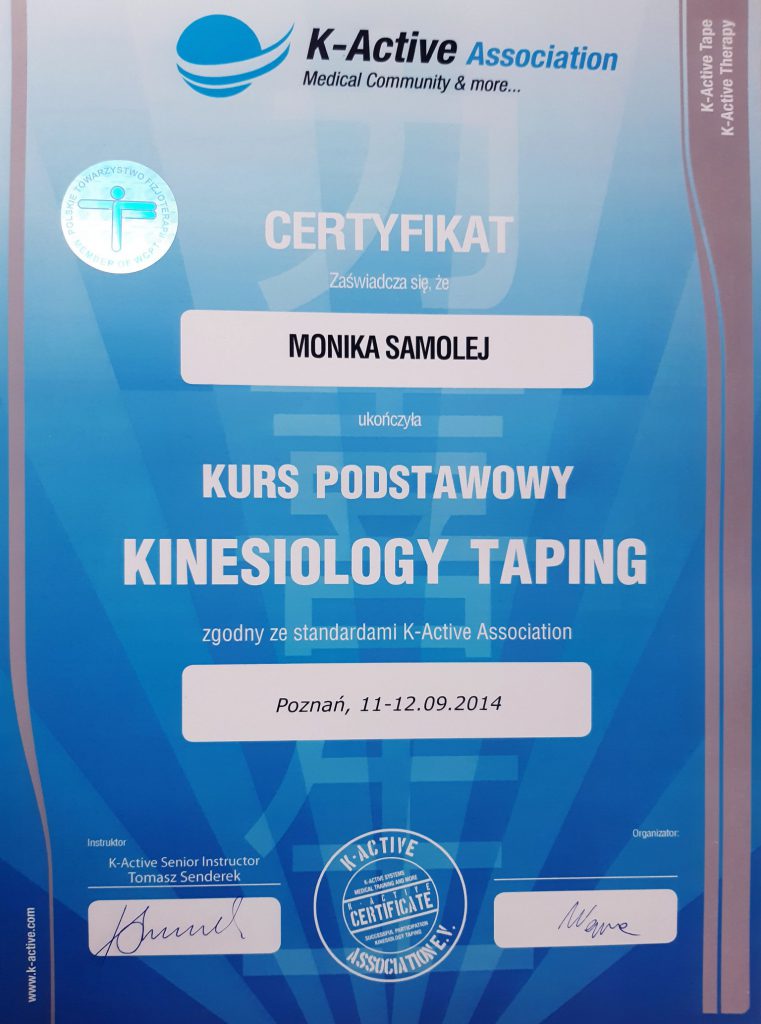 Certyfikat ukończenia kursu podstawowego kinesiology taping