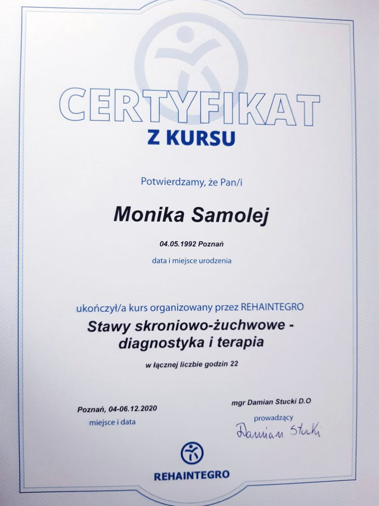 Certyfikat ukończenia kursu z terapii manualnej: stawy skroniowo-żuchwowe - diagnostyka i terapia