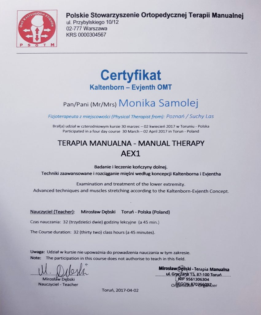 Certyfikat ukończenia kursu z terapii manualnej: kończyna dolna, techniki zaawansowane i rozciąganie