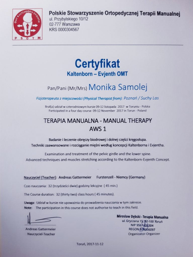Certyfikat ukończenia kursu z terapii manualnej: obręcz biodrowa, dolna część kręgosłupa, techniki zaawansowane i rozciąganie