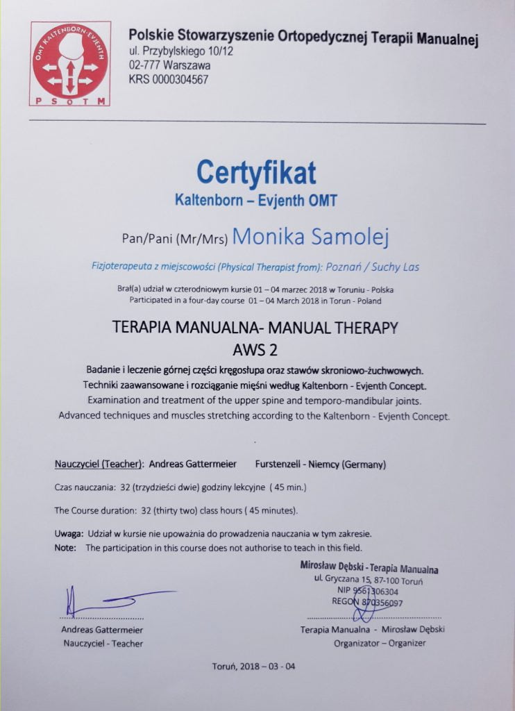Certyfikat ukończenia kursu z terapii manualnej - górna część kręgosłupa, stawy skroniowo-żuchwowe, techniki zaawansowane i rozciąganie