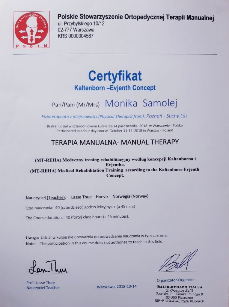 Certyfikat ukończenia kursu z terapii manualnej: trening rehabilitacyjny wg koncepcji Kaltenborna i Evjentha