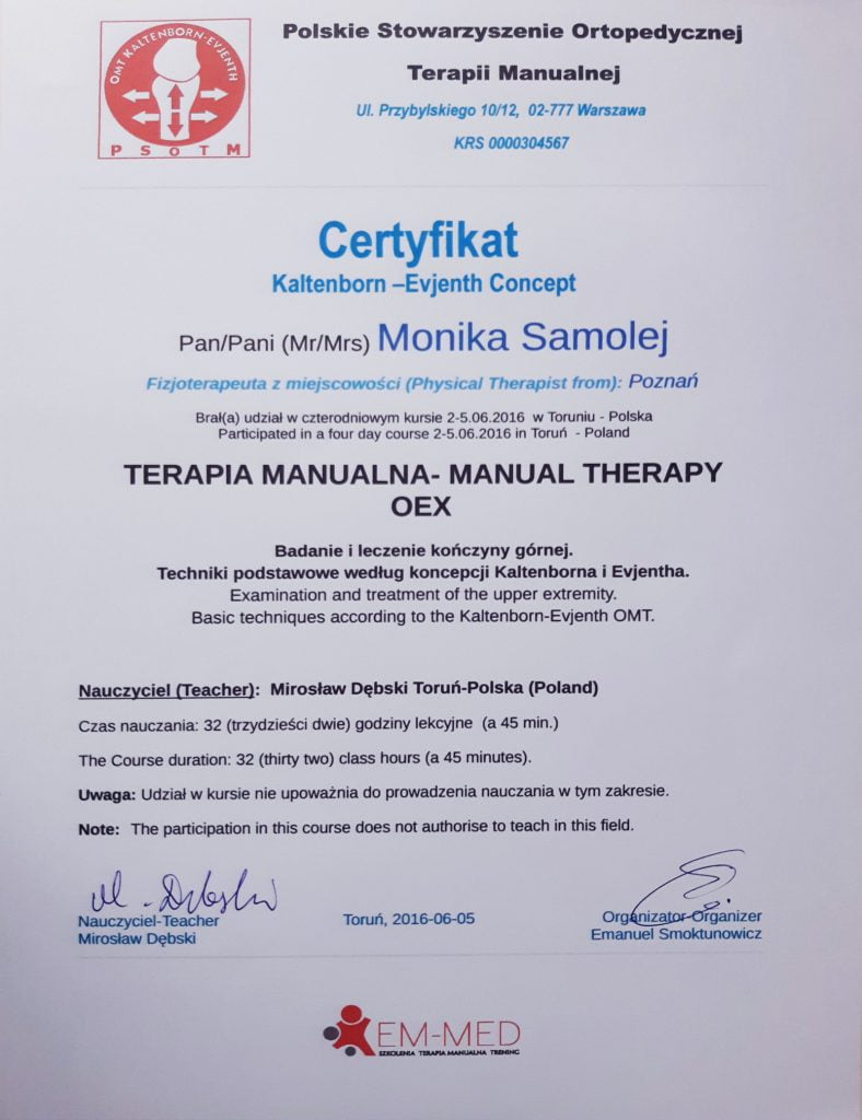 Certyfikat ukończenia kursu z terapii manualnej: kończyna górna, podstawowe techniki koncepcji Kaltenborna i Evjentha