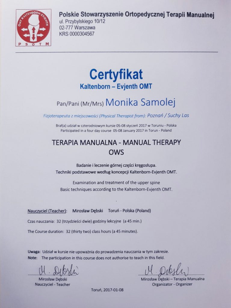 Certyfikat ukończenia kursu z terapii manualnej: górna część kręgosłupa, techniki podstawowe wg koncepcji Kaltenborna i Evjentha