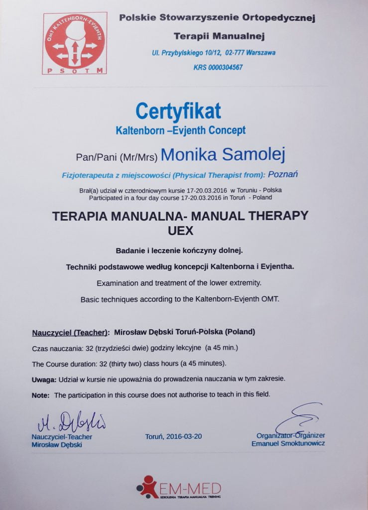 Certyfikat ukończenia kursu z terapii manualnej: kończyna dolna i techniki podstawowe wg koncepcji Kaltenborna i Evjentha
