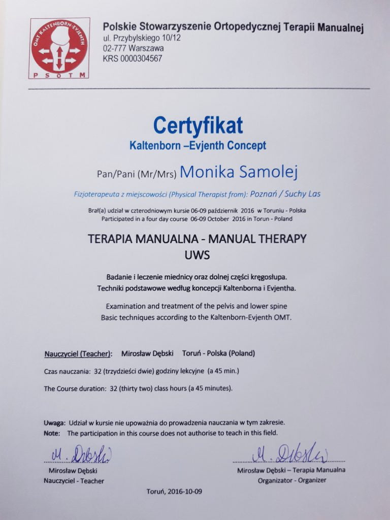 Certyfikat ukończenia kursu z terapii manualnej: miednica, dolna część kręgosłupa, techniki podstawowe wg koncepcji Kaltenborna i Evjentha