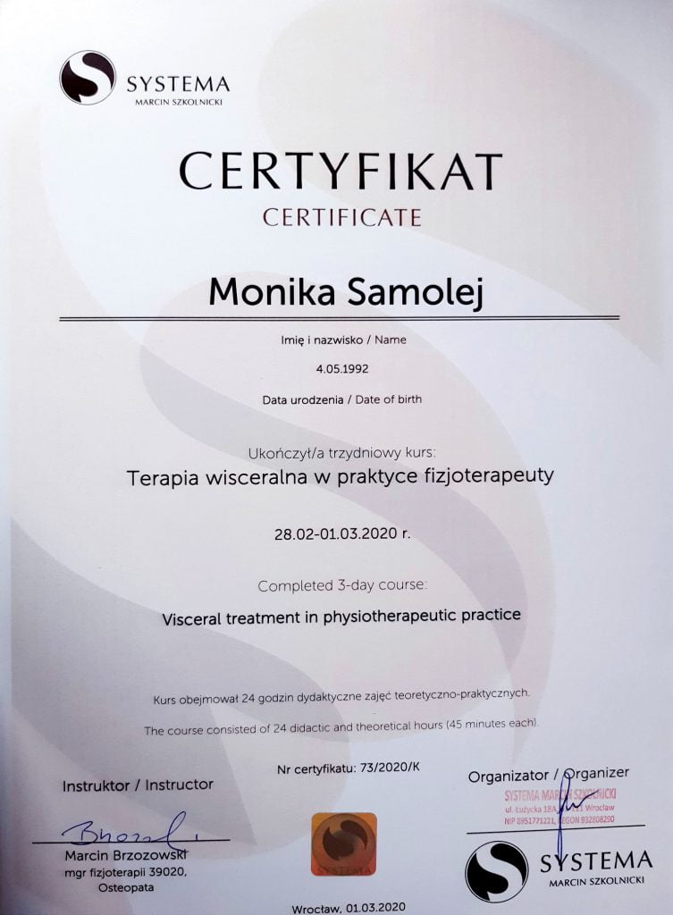 Certyfikat ukończenia kursu z terapii wisceralnej