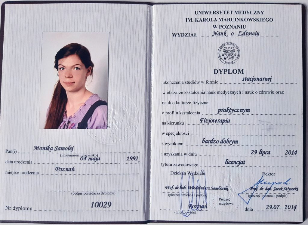 Skan dyplomu ukończenia fizjoterapii (licencjat)