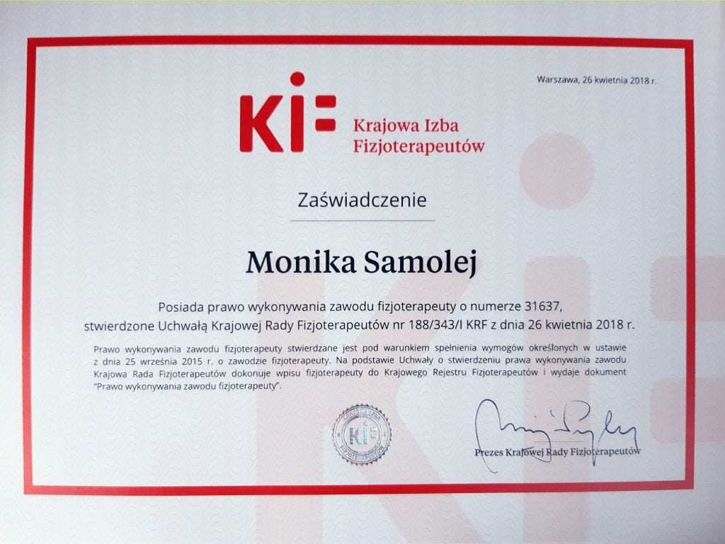 Zaswiadczenie z Krajowej Izby Fizjoterapeutow