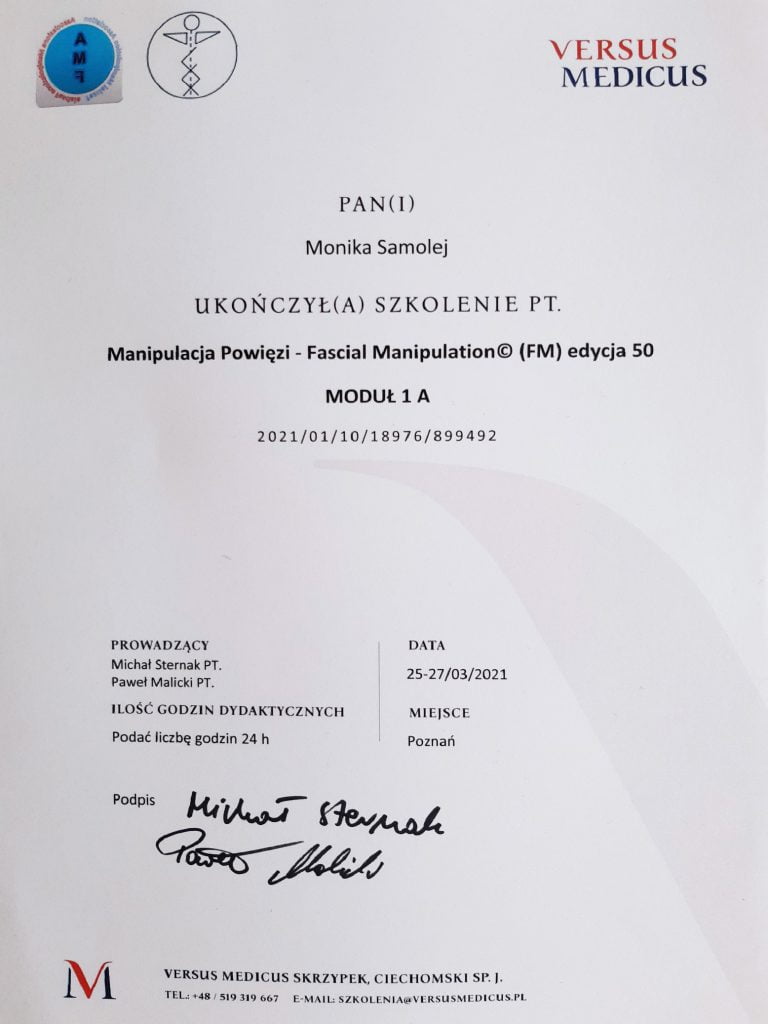 Certyfikat - manipulacja powięzi moduł 1A