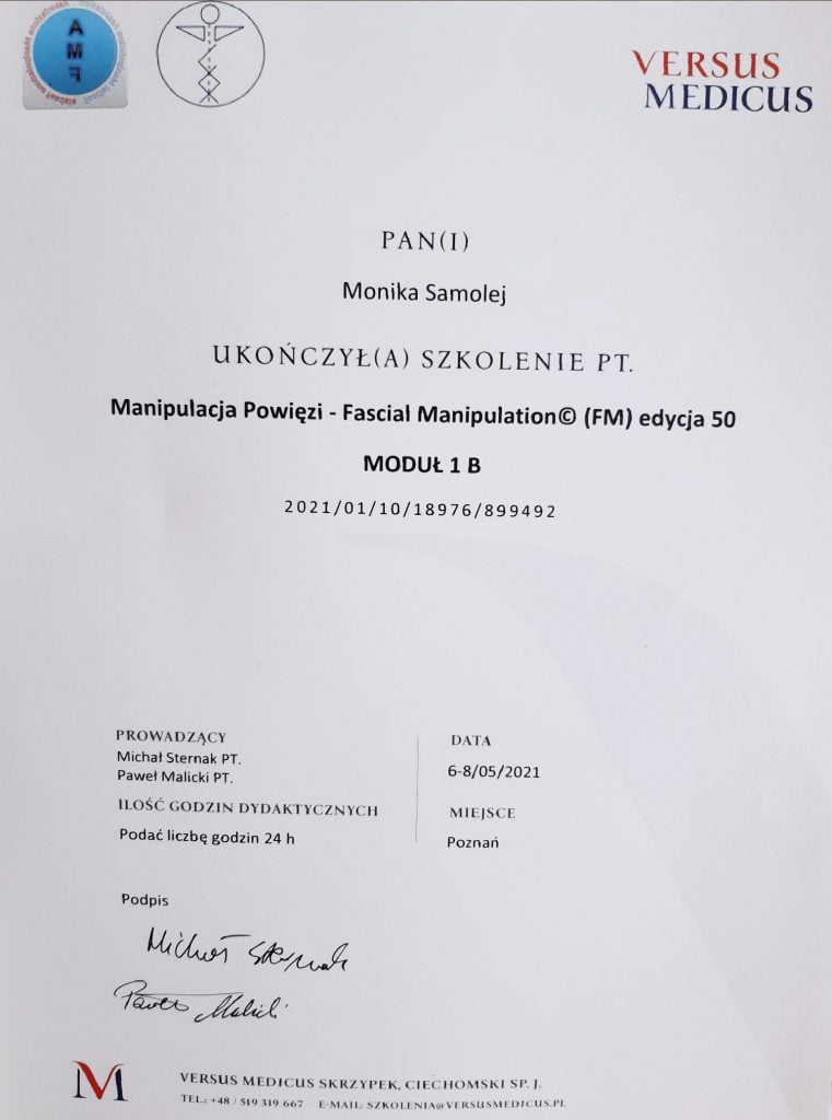 Certyfikat - manipulacja powięzi moduł 1B