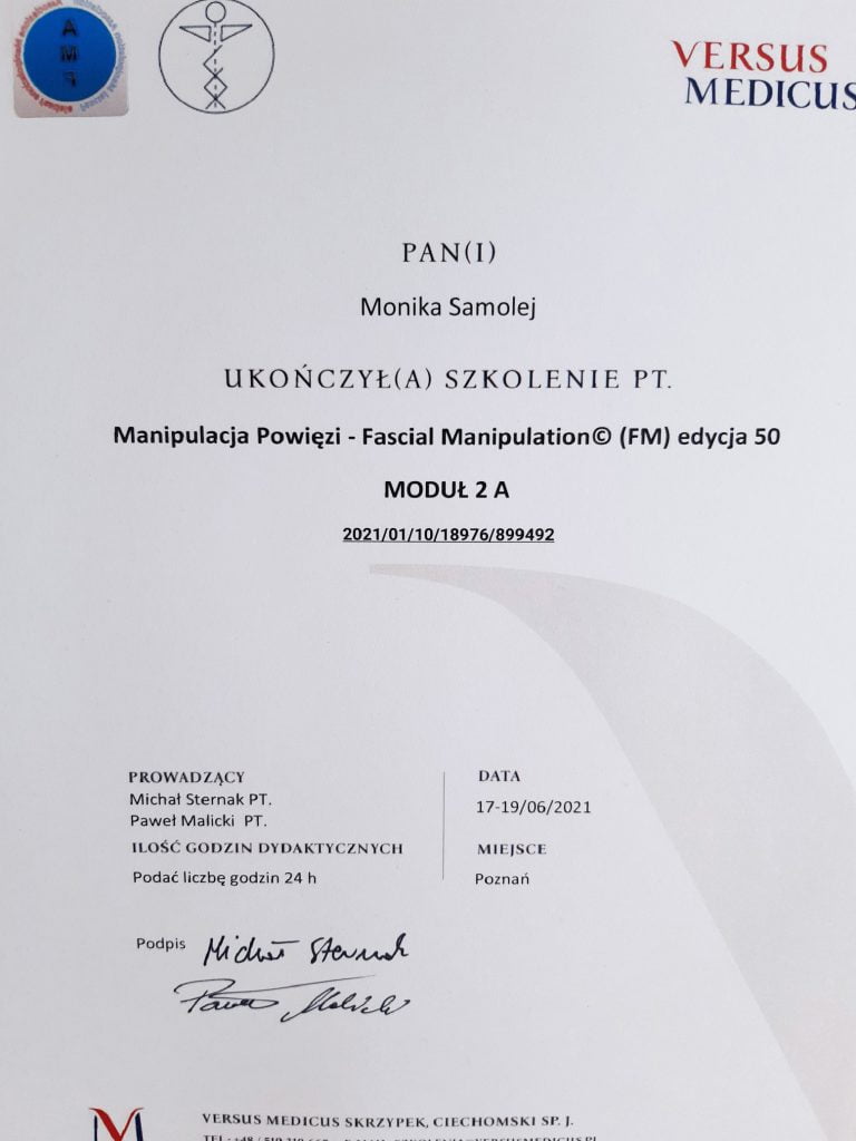 Certyfikat - manipulacja powięzi moduł 2A