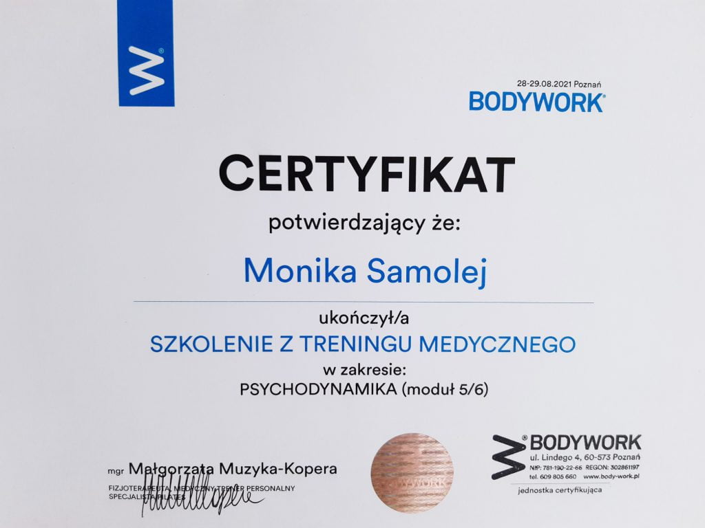 Certyfikat z treningu z psychodynamiki